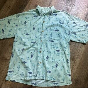 Quiksilver Men's Casual Button Down Fish Print Shirt, Silver Edition, Large